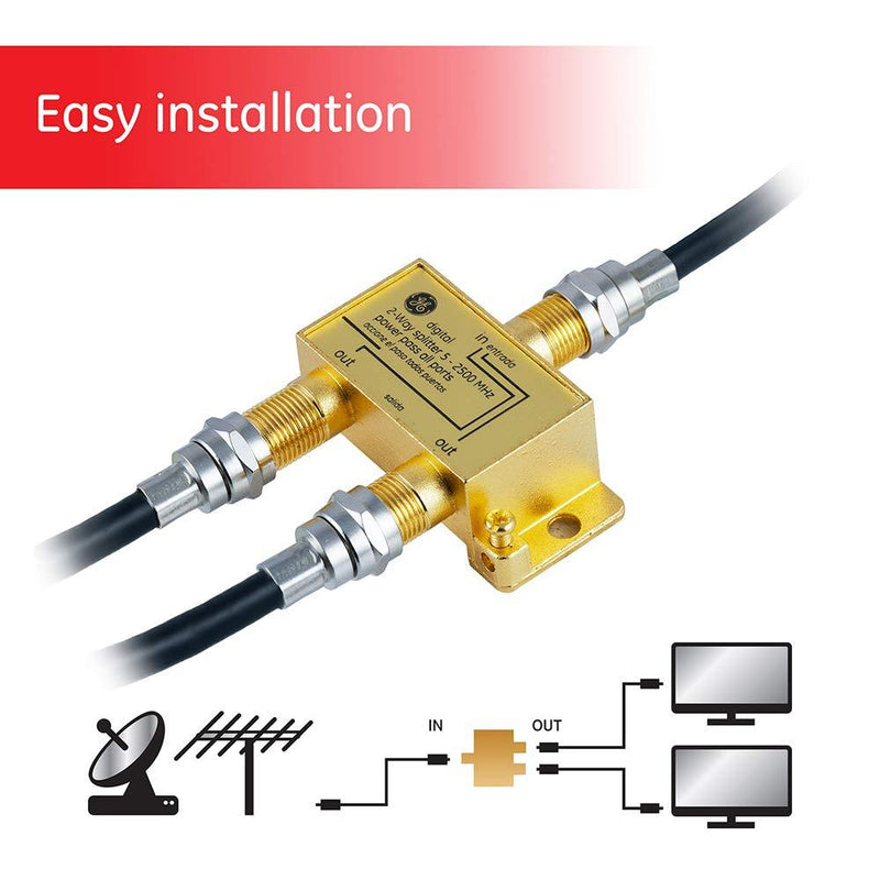 GE Digital 2-Way Coaxial Cable Splitter, 2.5 GHz 5-2500 MHz, RG6 Compatible, Works with HD TV, Satellite, High Speed Internet, Amplifier, Antenna, Gold Plated Connectors, Corrosion Resistant, 33526 1 Pack