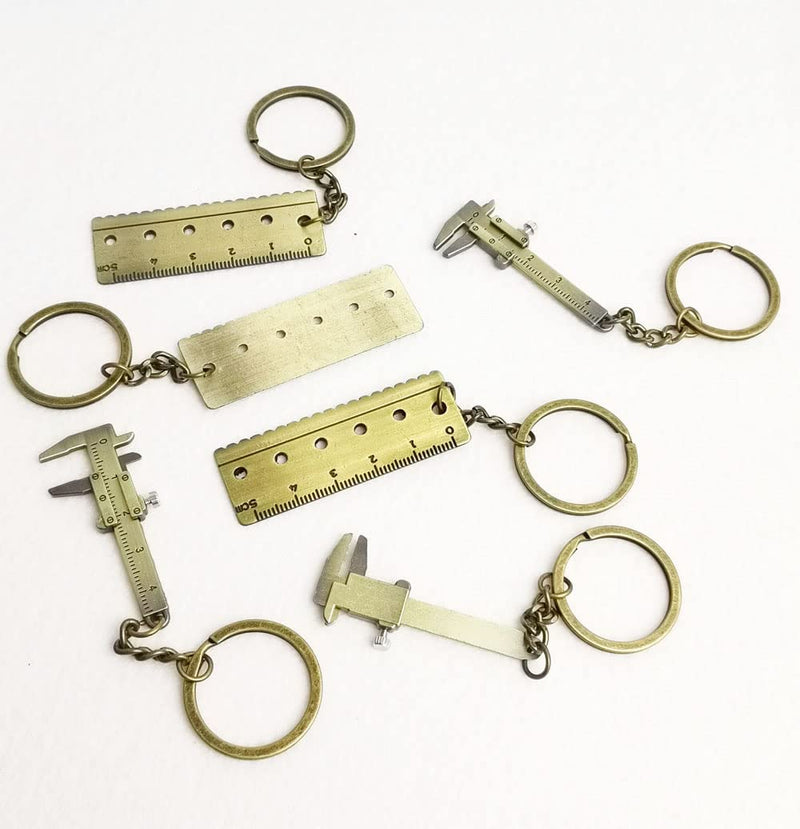 Hyamass 6Pcs Retro Mini Vernier Caliper and Straightedge Keychain Zinc Alloy 3D Movable Vernier Caliper Key Chain Precision Miniature Pocket Vernier Caliper Keyring