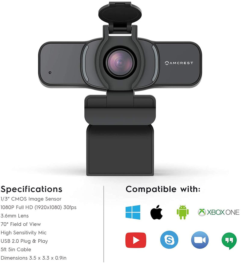 Amcrest 1080P Webcam with Microphone & Privacy Cover, Web Cam USB Camera, Computer HD Streaming Webcam for PC Desktop & Laptop w/ Mic, Wide Angle Lens & Large Sensor for Superior Low Light (AWC201-B)