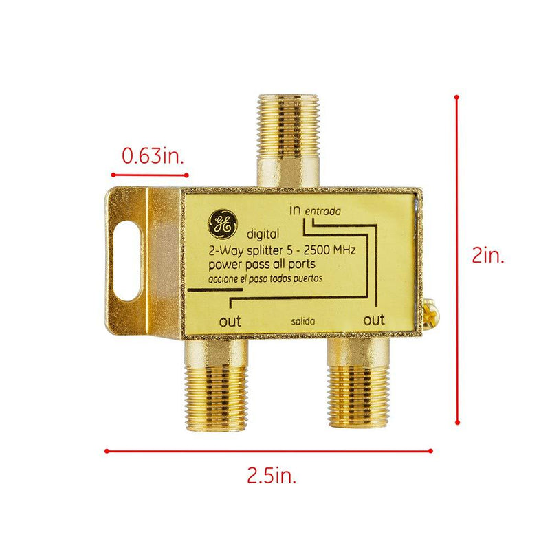 GE Digital 2-Way Coaxial Cable Splitter, 2.5 GHz 5-2500 MHz, RG6 Compatible, Works with HD TV, Satellite, High Speed Internet, Amplifier, Antenna, Gold Plated Connectors, Corrosion Resistant, 33526 1 Pack