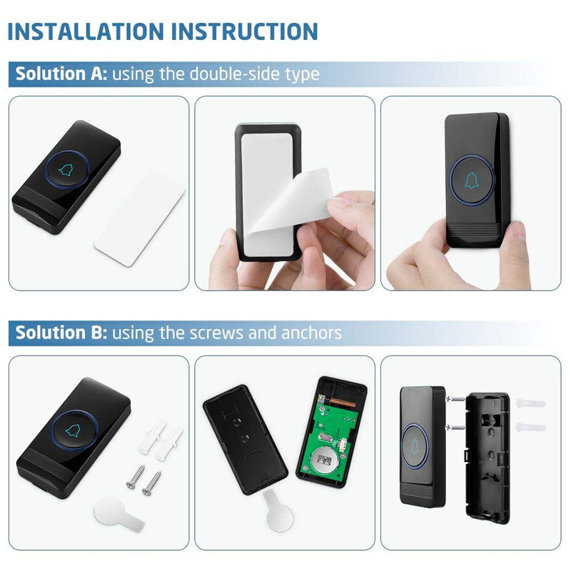 Wireless Doorbell, AVANTEK D-3B Waterproof Door Chime Kit Operating at over 1300 Feet with 2 Plug-In Receivers, 52 Melodies, CD Quality Sound and LED Flash Black
