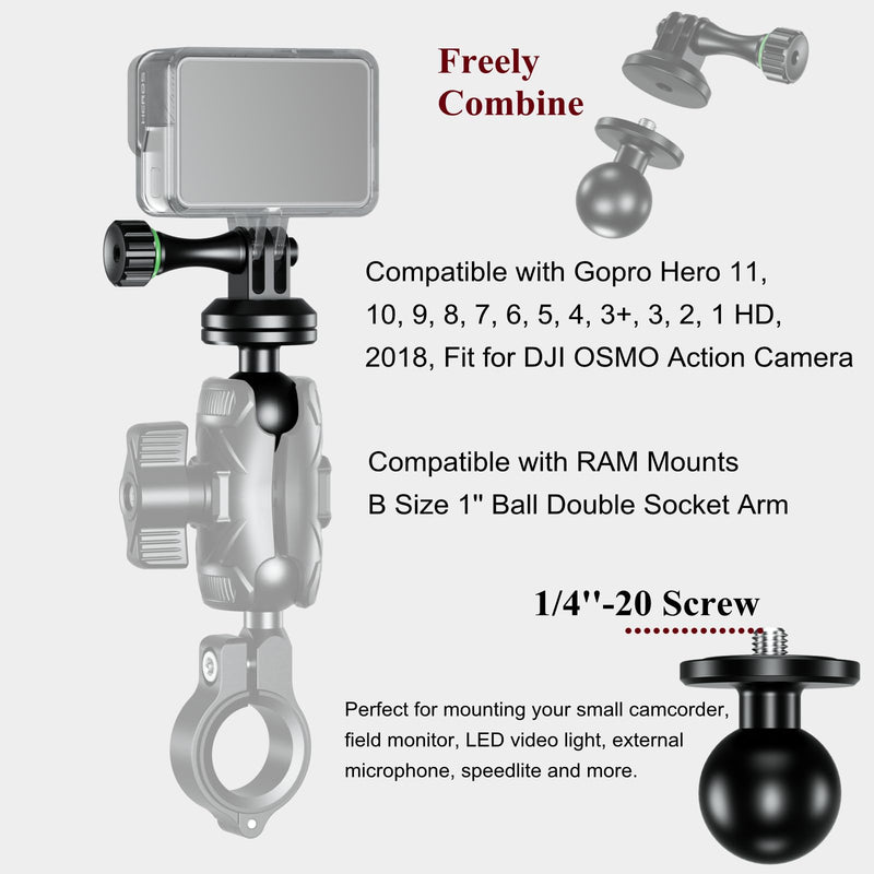 BRCOVAN Aluminum Alloy Tripod Mount Adapter with Camera 1/4"-20 Thread & 1'' TPU Ball Fit for RAM Mounts B Size Doulbe Socket Arm, for Gopro Hero Action Camera/DJI/Insta360/Camcorder/Field Monitor