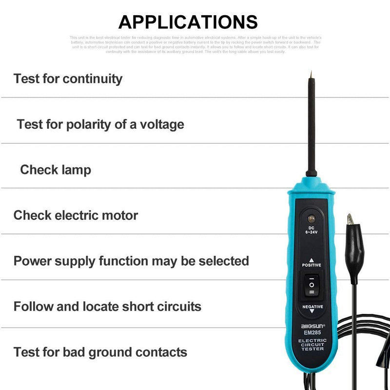 allsun 6-24Vdc Automotive Electric Circuit Tester Car System Diagnostic Repair Tool Test Light Continuity/Polarity of a Voltage, Cable Length 5m(16ft) Light & Buzzer EM285 GMEM285