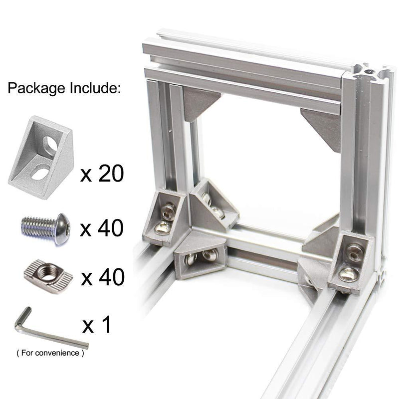 2020 Series Aluminum Profile Connector Set, 20pcs Corner Bracket, 40pcs Drop in T Nuts and Hex Screw Bolt for Slot 6mm 20S Aluminum Extrusion Profile Accessories
