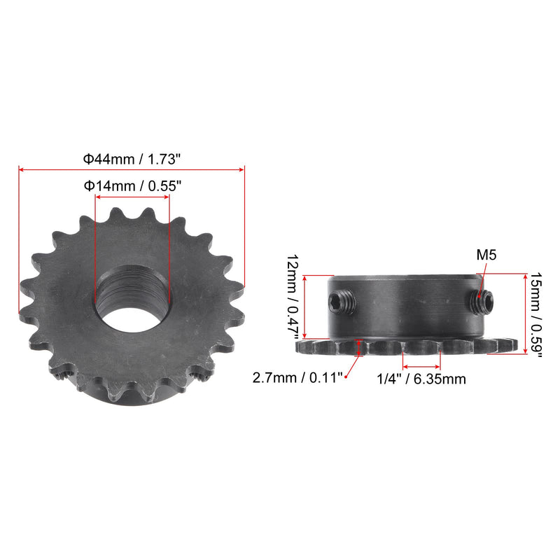 uxcell 20 Tooth Roller Sprocket B Type, 25 Chain, Single Strand 1/4" Pitch, 14mm Bore Black Oxide C45 Carbon Steel with Set Screws for ISO 04C
