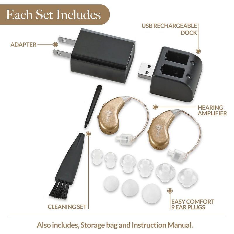 Digital Hearing Amplifiers - Rechargeable BTE Personal Sound Amplifier Pair with USB Dock - Premium Gold Behind The Ear Sound Amplification - by NewEar