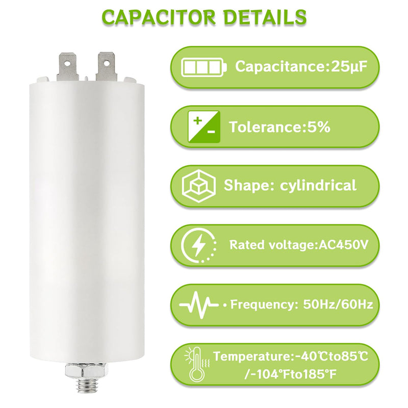 BOJACK CBB60 motor capacitor 25uF 450V starting capacitor 40x95MM capacitor 25 µF 450 volt M8 plug, suitable for electric motors and swimming pool pumps, 50/60Hz