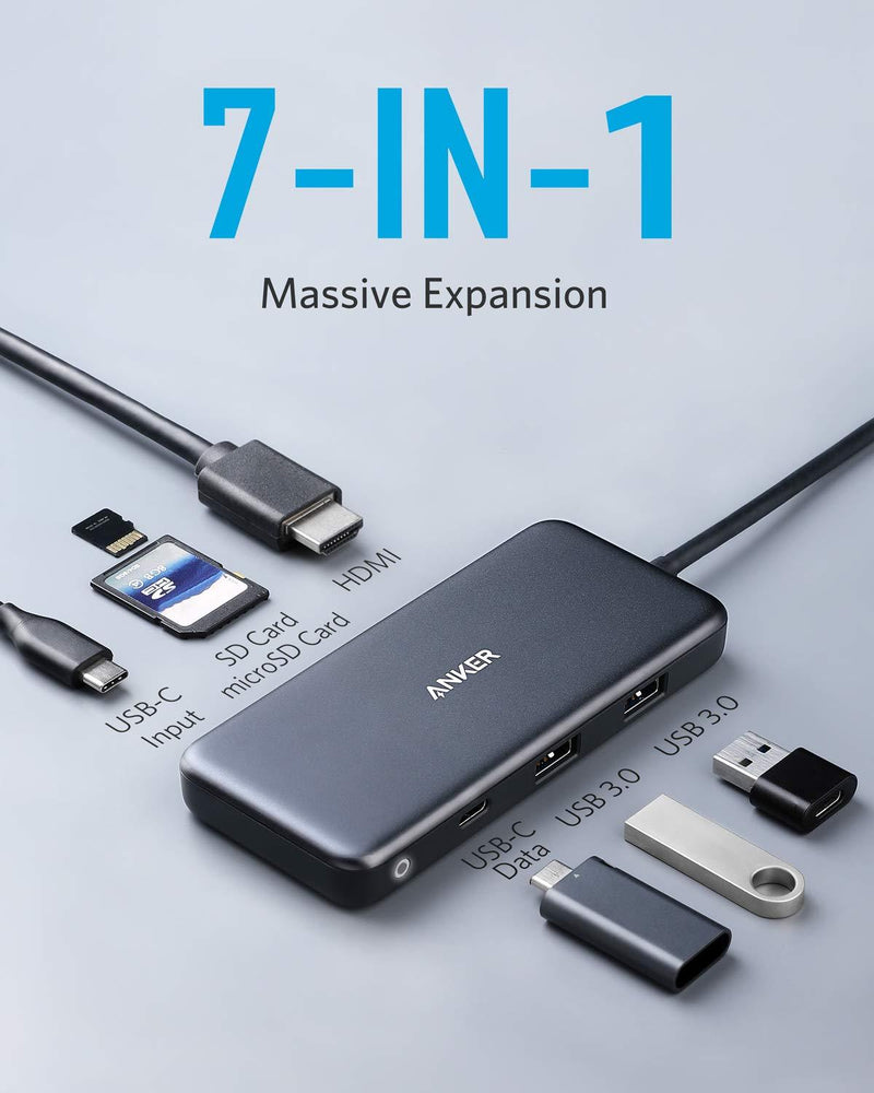 Anker USB C Hub, PowerExpand+ 7-in-1 USB C Hub Adapter, with 4K HDMI, 100W Power Delivery, USB-C and 2 USB-A 5Gbps Data Ports, microSD and SD Card Reader, for MacBook Air, MacBook Pro, XPS, and More