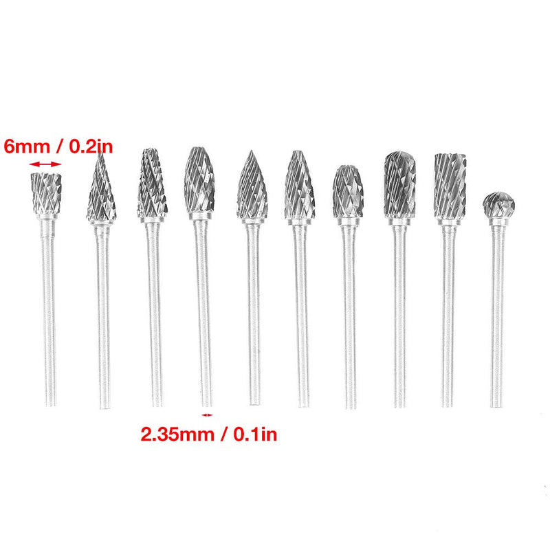 Carbide milling cutter set, 10 pieces. Double solid carbide milling cutter set with 2.35mm shank for milling, shaping and removing edges or corners, burrs and excess material