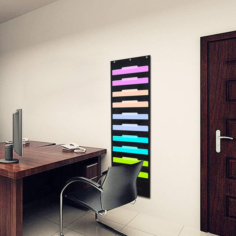 ZKOO Hanging File Folders Pocket Chart, 10 Pocket & 3 Hanger Cascading Wall Organizer - Organize Your Assignments, Files, Scrapbook Papers & More, Perfect Organization for Classroom, Home, Office 10 Pocket Black
