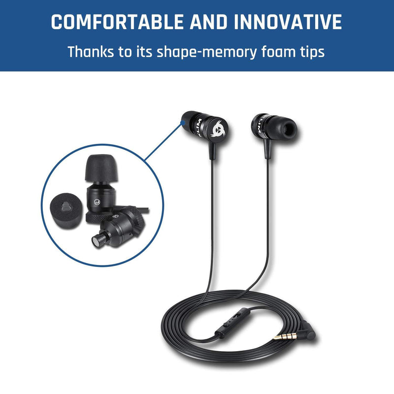 KLIM Fusion Earbuds with Microphone + Long-Lasting Wired Ear Buds - Innovative: in-Ear with Memory Foam + Earphones with Mic and 3.5mm Jack - New 2021 Version - Black