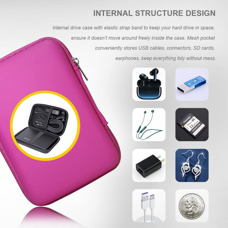 Hard Drive Carrying Case Storage Organizer Bag Multi-Purpose Universal Carry Pouch Compatible with Western Digital WD Elements Seagate, 2.5’’ EVA Shockproof Travel Case (Pink) Pink
