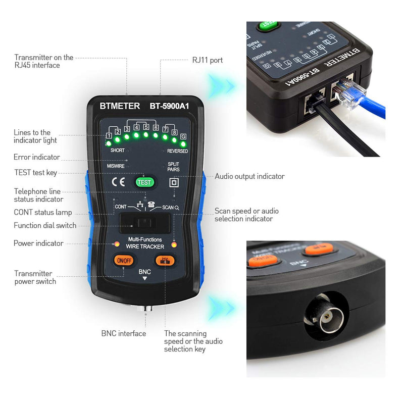 Wire Tracker Tone Generator - BTMETER BT-5900A Cable Finder for RJ11 RJ45 Ethernet LAN Network Cable Telephone Line Tester Toner Probe Kit , Continuity Checker
