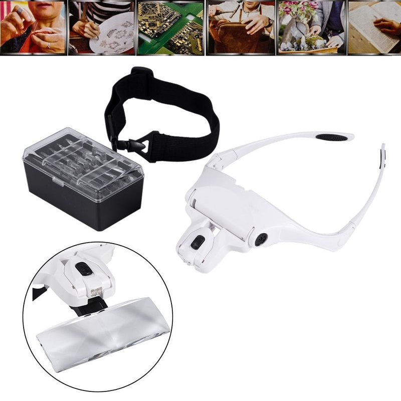 Headband Headset Magnifier, 5 Different Lenses Adjustable Loupe Visor Free Eyeglasses Bracket Interchangeable 2 LED Lights For Eye Lashes Extensions Tool