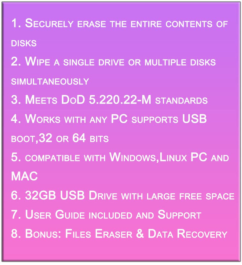 Secure Data Eraser for Computer Hard Drive & Disk Wiper on 32GB bootable USB,Permanently Destroy Wipe Erase Hard Disk Drive Data,Works on Any PC and Server | Bonus: Files Eraser & Data Recovery