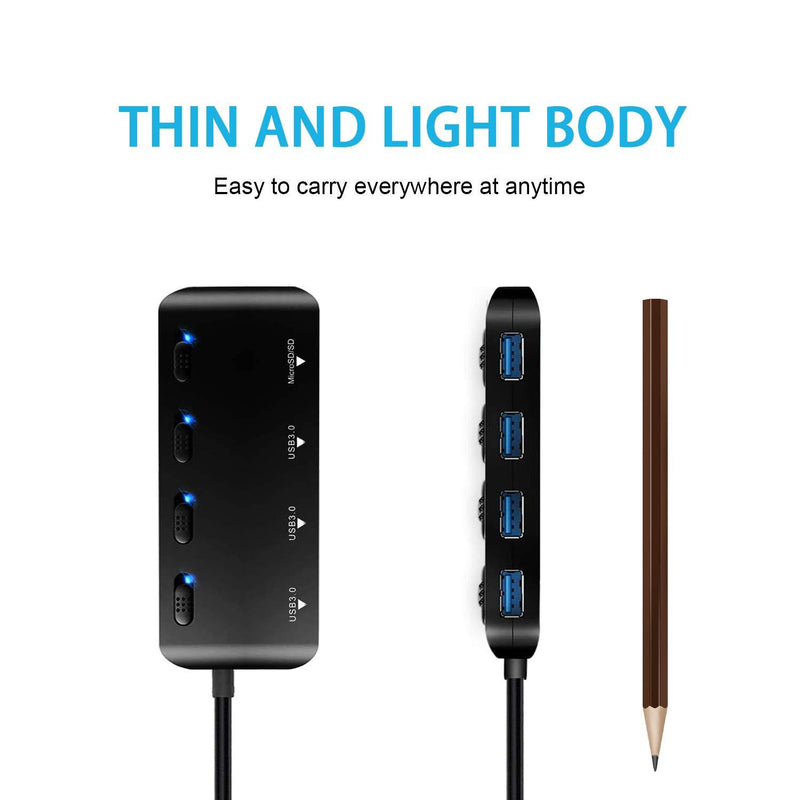 4-Port USB 3.0 Hub with Individual Power Switches and Lights, High-Speed Data Hub Splitter Portable USB Extension Hub for PC Laptop and More (No Power Adapter)