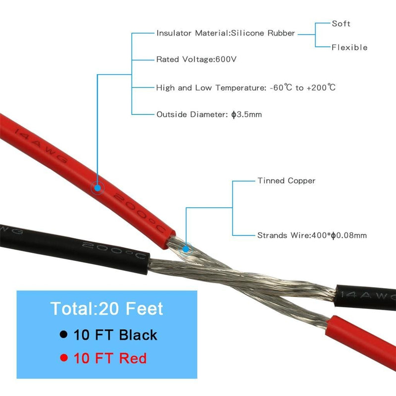 BNTECHGO 14 Gauge Silicone Wire 10 ft red and 10 ft Black Flexible 14 AWG Stranded Copper Wire silicone wire 10ft and 10ft silicone wire red and black