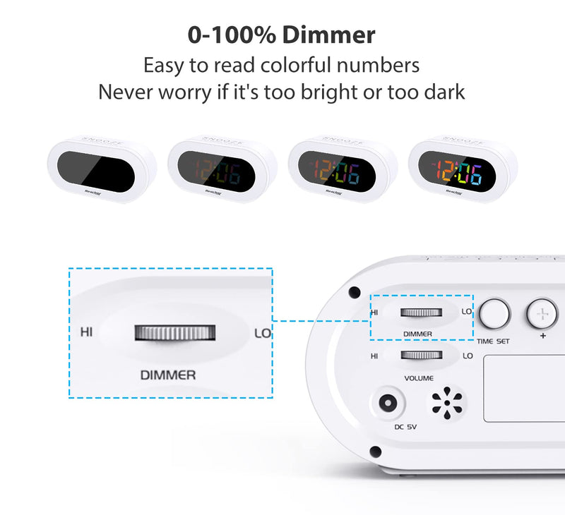 REACHER Small Colorful LED Digital Alarm Clock with Snooze, Simple to Operate, Full Range Brightness Dimmer, Adjustable Alarm Volume, Outlet Powered Compact Clock for Bedrooms, Bedside, Desk, Shelf Colorful Digit