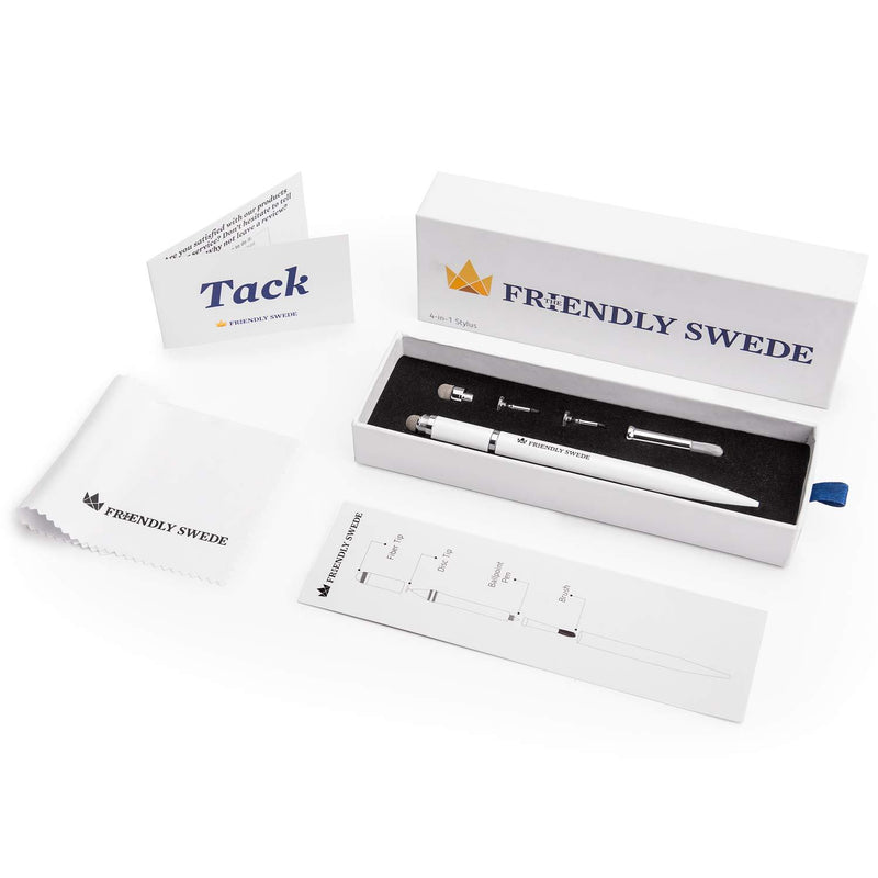 Capacitive 4-in-1 Stylus Pen with Replaceable Brush, Fiber Tip, Precision Disc + Ballpoint Pen in Box, by The Friendly Swede (White) White