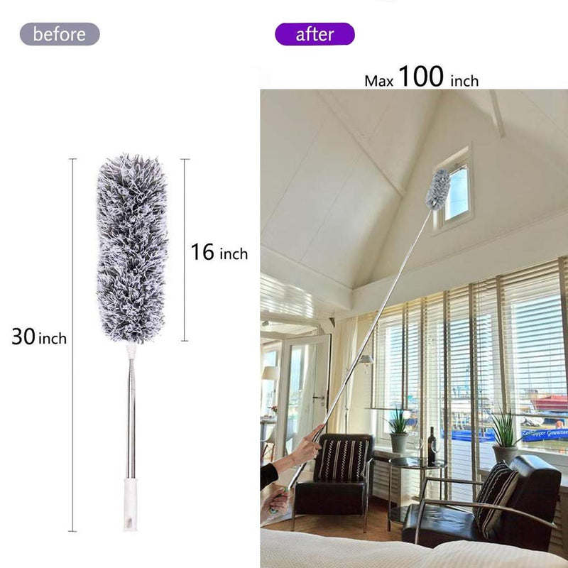 Microfiber Duster with Extension Pole(Stainless Steel), Extra Long 100 inches, with Bendable Head, Extendable Duster for Cleaning High Ceiling Fan, Interior Roof, Cobweb, Gap Dust- Wet or Dry Use