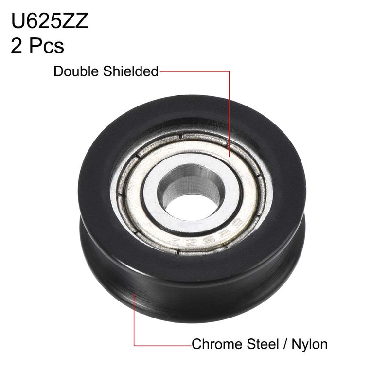 uxcell U625ZZ Nylon Pulley U Groove Ball Bearing Roller Guide Wheel 5x20x7mm Double Metal Shielded (GCr15) Chrome Steel Bearings 5pcs