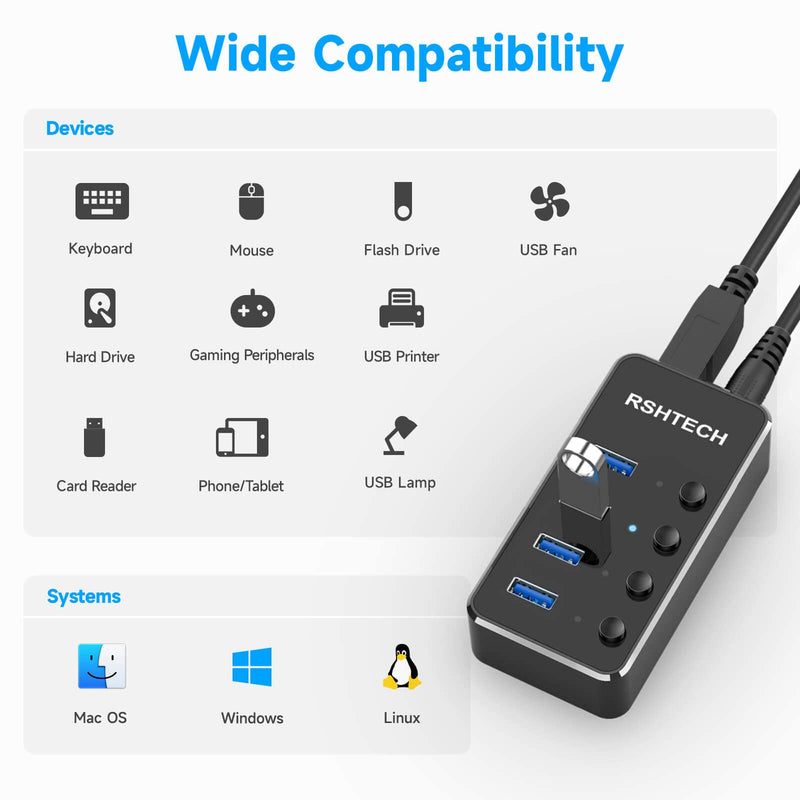 USB 3.0 Hub RSHTECH 4 Port Powered USB 3.0/USB C Hub Upgraded Version with 2-in-1 3.3ft USB Cable,5V Power Adapter and Individual Switches, Portable Aluminum USB Splitter for Laptop and PC, RSH-ST04 4-Port USB hub