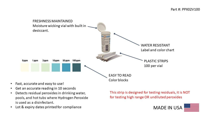Hydrogen Peroxide H2O2 Test Strips, Low Level, 0-100 ppm (100) 100