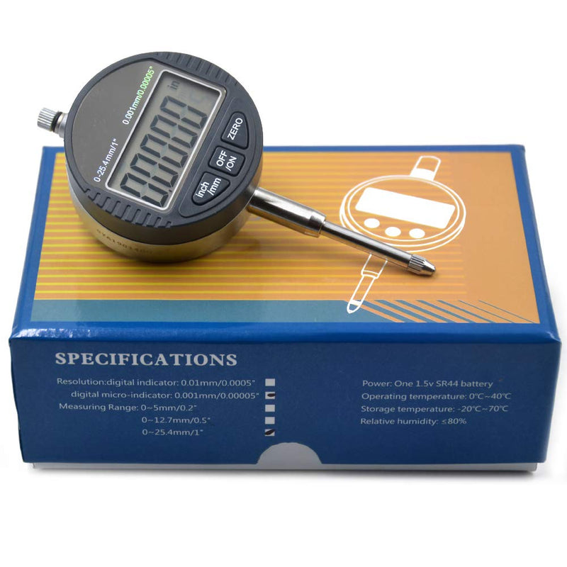 Oudtinx Electronic Digital Dial Indicator Gage Gauge Inch/Metric Conversion 0-1 Inch/25.4 mm 0.00005 Inch/0.001mm 0-1 Inch/25.4 mm 0.001mm