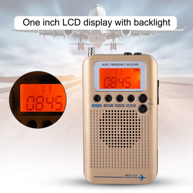 Air Band Radio Receiver AIR FM AM CB SW VHF Full Band Hand-held Aircraft Digital Travel Radio with Extended Antenna Build in Battery Wide Frequency LCD Display with Alarm, Earphones (Brass) Brass