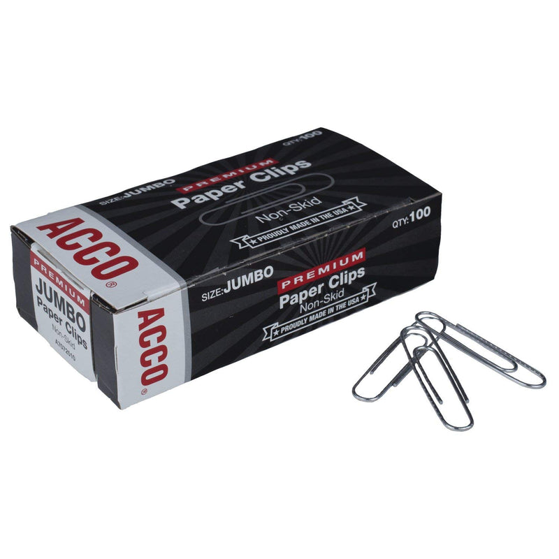 ACCO Jumbo Paper Clips, Non-Skid, Premium, Steel Wire, 20 Sheet Capacity, Silver, 1 Box of 100 Clips (A7072510)