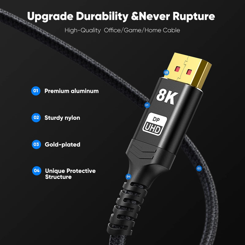 VESA Certified 1.4 DisplayPort Cable 10FT, Capshi 8K DP Cable (8K@60Hz, 4K@144Hz, 1080P@240Hz) HBR3 Support 32.4Gbps, HDCP 2.2, HDR10 FreeSync G-Sync for Gaming Monitor 3090 Graphics PC (10 feet) 10 feet