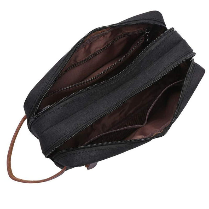 Tumecos Men’s Toiletry Bag Leather Waxed Canvas Shaving Dopp Kit Travel Accessories Organizer Bag (Black2) Black2