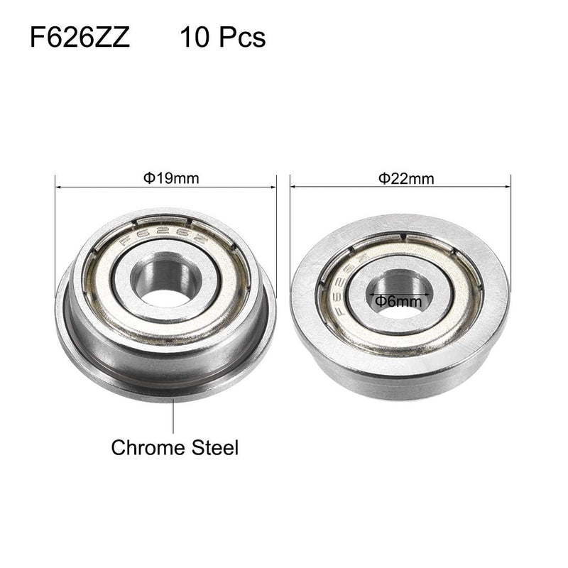 uxcell F626ZZ Flanged Ball Bearing 6x19x6mm Double Metal Shielded (GCr15) Chrome Steel Bearings 10pcs