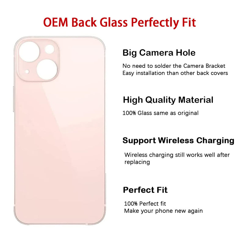 Perzework OEM Rear Back Glass Replacement for iPhone 13 Mini 5.4 inches (Pink) with Reparing Toolkit Pink
