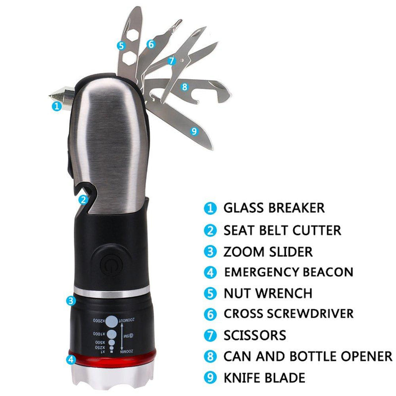 Ploarnovo Multi Tool LED Flashlight,Surivival Tools for Cars, Emergency and Camping, ALL IN One Tactical Torch Light with Hammer Seatbelt Cutter Knief Bottle Opener Scissors Screwdrivers 1 Pack Car Flashlight