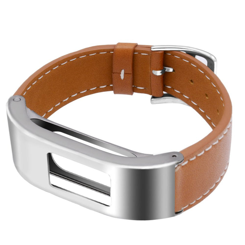 C2D JOY Leather Strap Compatible with Garmin vivofit 3 Bands Replacement with Silver Metal Case for Women Men works with vivofit 3 Brown band with Silve case