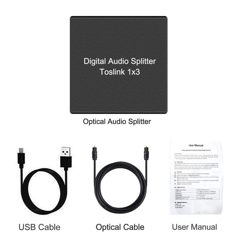 3 Port Toslink Splitter, Digital Optical Audio Splitter 1 Input 3 Output, SPDIF Toslink Fiber Audio Splitter Support LPCM 2.0/DTS/Dolby Digital, for Amplifier, Sound bar, Xbox, PS4, Blue-Ray, DVD Ect