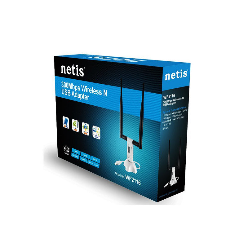 Netis Wireless N 300Mbps Long-Range USB Adapter with Two 5dBi Antennas and USB 2.0 Cradle (WF-2116), 300 Mbps High Gain
