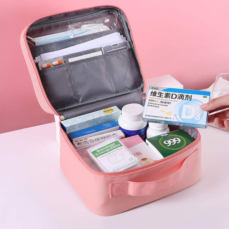 Zippered First Aid Bag Medication Organizer Emergency Empty Pouch Carrier with 5 Pockets Oxford Cloth Travel Medicine Pill Case with Handle Medical Embroidered Bags 9.84 x 7.87 x 5.31 inches (Pink) Pink