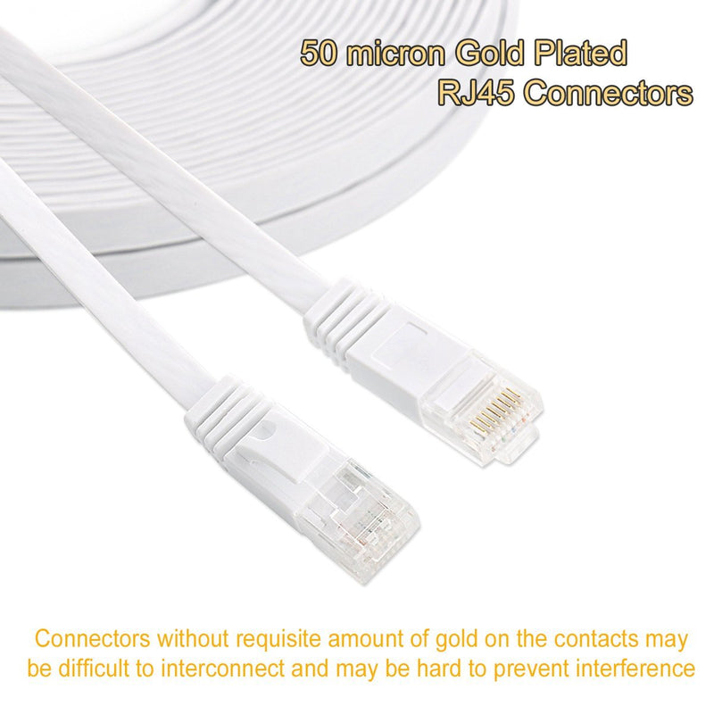 Cat 6 Ethernet Cable 50 ft White - Flat Internet Network Lan patch cords – Solid Cat6 High Speed Computer wire With clips& Snagless Rj45 Connectors for Router, modem – faster than Cat5e/Cat5 - 50 feet 50ft