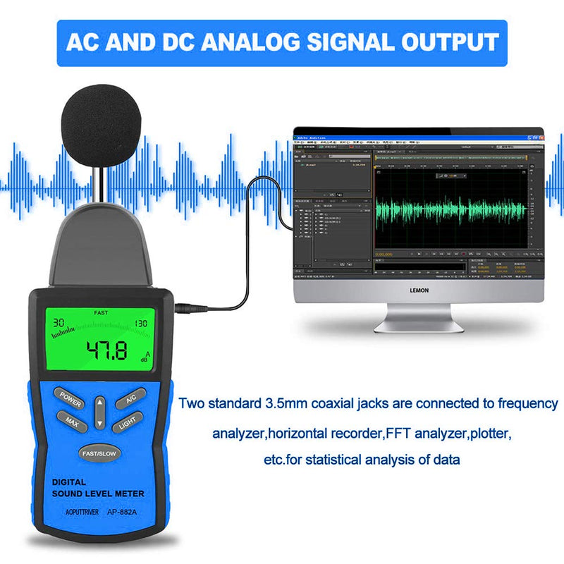 Decibel Meter, Digital Sound Level Meter, Measuring 30dBA~130dBA Portable LCD Display Sound Level Meter A/C Weighted for Home Workshops, MAX/DataHold 2.ap-882a(30~130dba/Dbc)