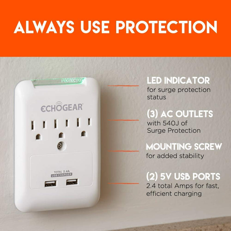 ECHOGEAR Low Profile Surge Protector with 3 AC Outlets & 2 USB Ports â€“ 540 Joules of Surge Protection - Installs Over Existing Outlets to Protect Your Gear & Increase Outlet Capacity Single