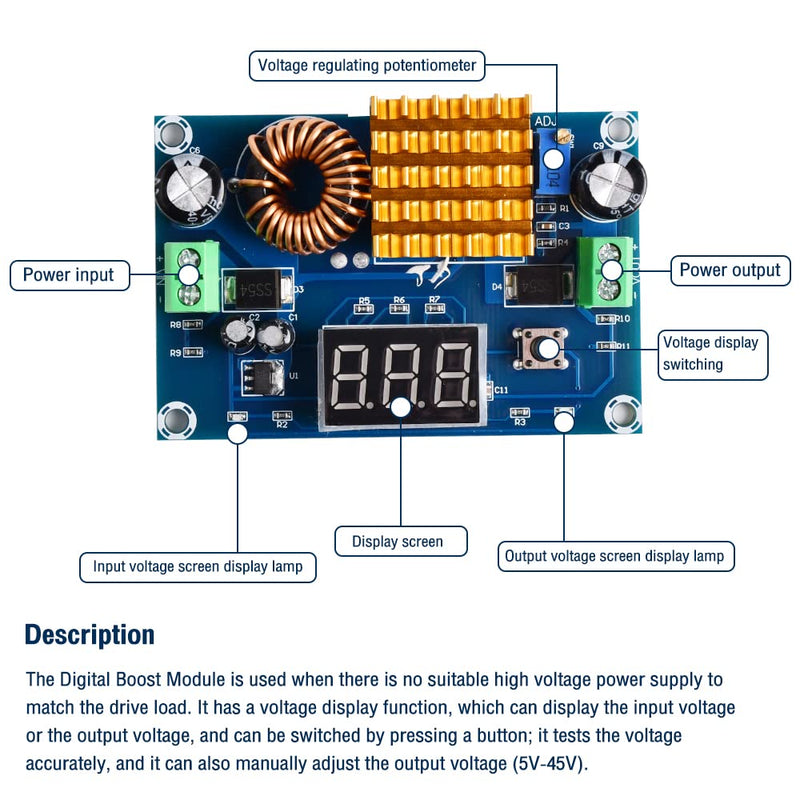 Heemol XH-M411 3-35V to 5-45V DC-DC Boost Converter Module, Adjustable Step Up Voltmeter with Digital Display.