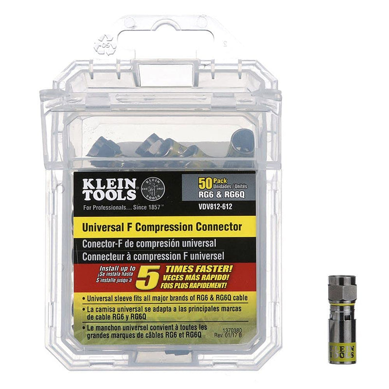 Klein Tools VDV812-612 Compression Connectors, Universal F Connectors RG6/6Q with Universal Sleeve Technology, Professional Grade, 50-Pack 50 Pack
