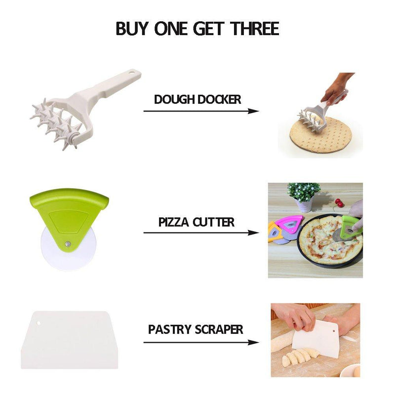 Meta-U Time-Saver Pizza Dough Roller Docker - Dough Blistering Killer - Buy One Get Three (Pizza Cutter and Pastry Scraper) - Gift Package White