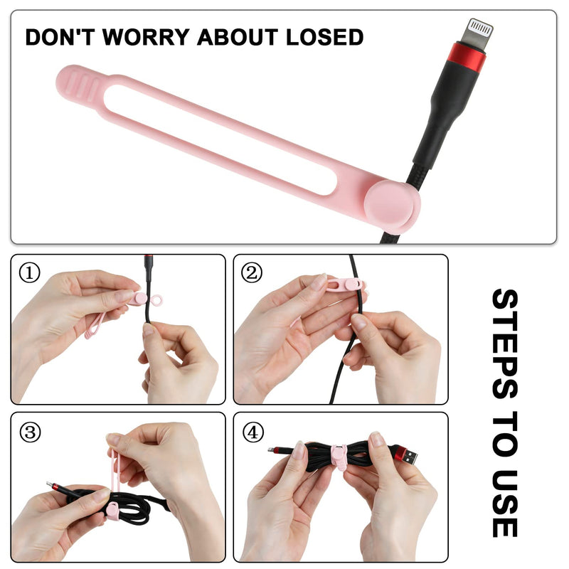 Nearockle 16Pcs Silicone Cable Straps Wire Organizer for Earphone, Phone Charger, Mouse, Audio, Computer, Reusable Fastening Cable Ties Cord Organizer in Home, Office, Kitchen, School(Pink) Pink