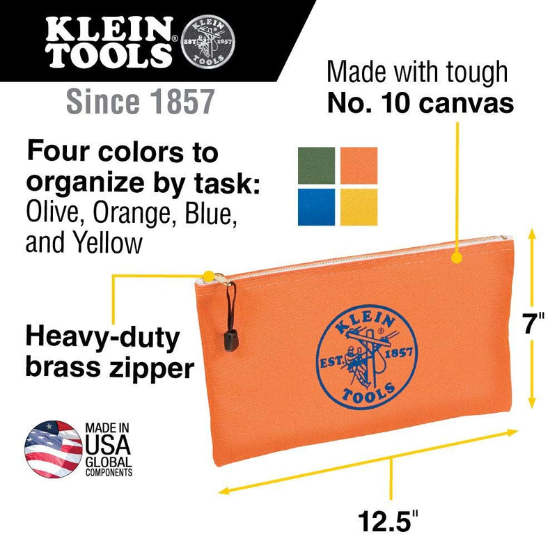 Klein Tools 5140 Canvas Zipper Bag, Tool Pouch, Tool Bag, Utility Bag, Bank Deposit Bag, 12.5 x 7-Inch, Olive/Orange/Blue/Yellow 4-Pack Olive, Orange, Blue, Yellow