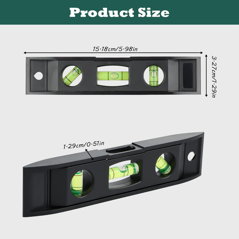 Spirit Level Small Pack of 2, RUNEAY 153 mm Spirit Level with Magnet Torpedo Spirit Level with 3 Levels 45° 90° 180° (Black)