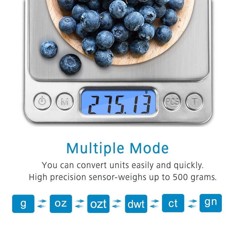 Digital Gram Scale Toprime 500g 0.01g Food Scale High Precision Kitchen Scale Multifunctional Stainless Steel Pocket Scale with Back-Lit LCD Display Tare PCS Features, Silver