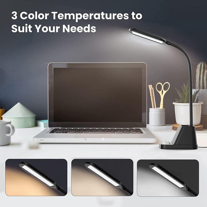 LED Desk Lamp with USB Charging Port, AXX Desk Lamps for Home Office, Small Desk Light for Desktop, Office Lamp for Desk Reading, Black, 650LM, Gooseneck, Pen Holder, Study Lamps for College Dorm Room